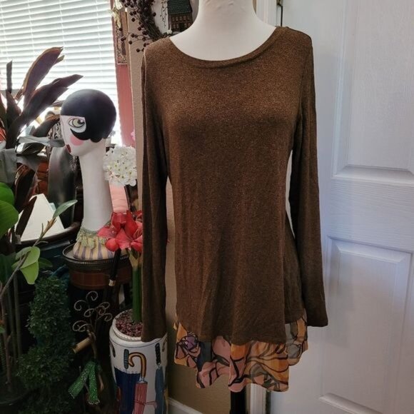 LOGO Lori Goldstein Fall Top Brown Floral Print Chiffon Trim Small - Picture 3 of 8